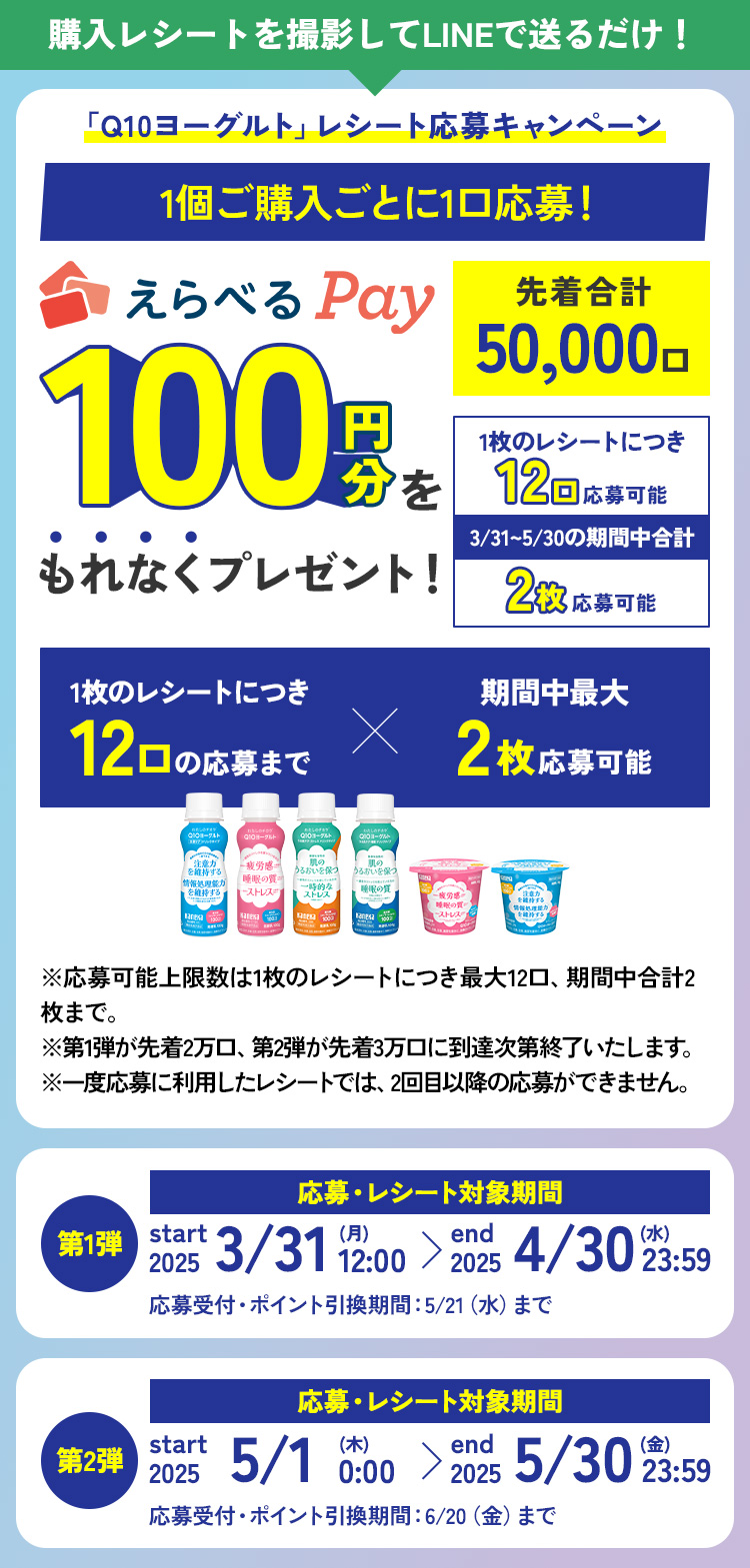 購入レシートを撮影してLINEで送るだけで期間中何度でも、もれなく100円分のえらべるPayが先着10,000口に当たる。