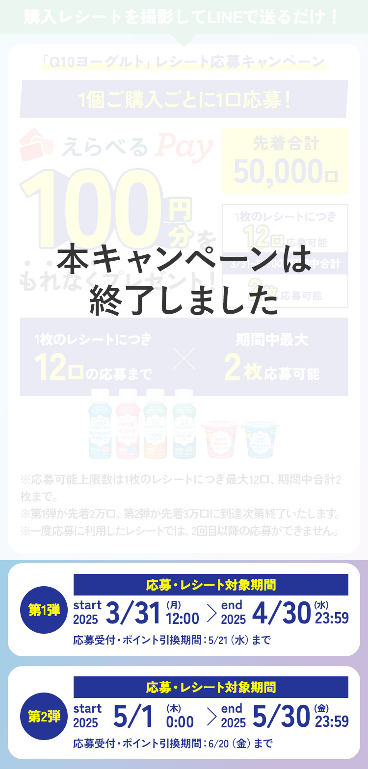 購入レシートを撮影してLINEで送るだけで期間中何度でも、もれなく100円分のえらべるPayが先着10,000口に当たる。